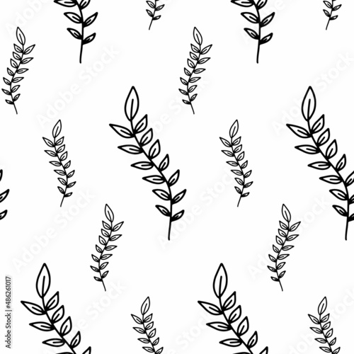 Hand drawn vector outline leaves seamless pattern. Doodle print with floral leaves isolated on white. Ink beautiful nature ornament for fabric, wrapping and textile. Adult and kids coloring page