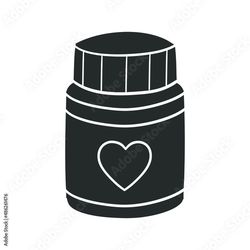 Pills Heart Icon Silhouette Illustration. Health Pain Vector Graphic Pictogram Symbol Clip Art. Doodle Sketch Black Sign.