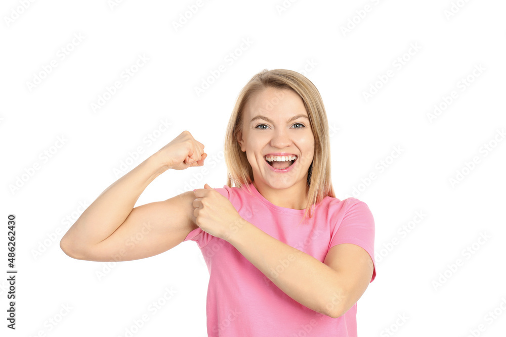 Young woman showing biceps, isolated on white background Young woman showing biceps, isolated on white background
