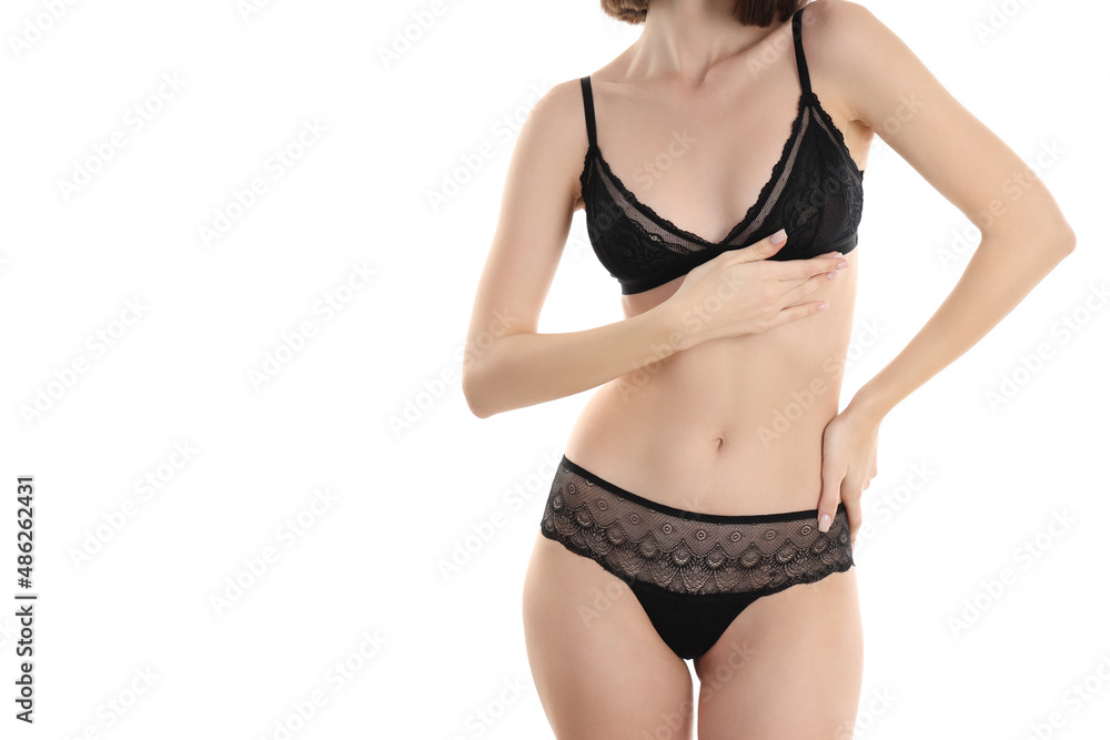 Concept of beautiful underwear with attractive girl, isolated on white background Concept of beautiful underwear with attractive girl, isolated on white background