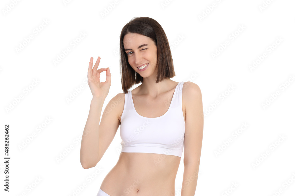 Concept of weight loss with slim girl, isolated on white background Concept of weight loss with slim girl, isolated on white background