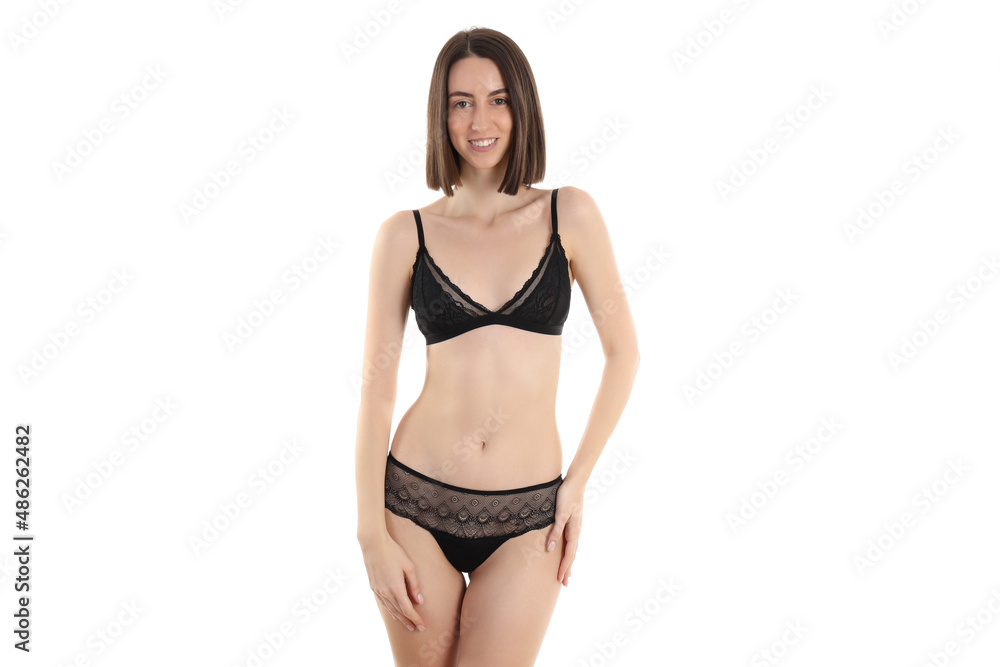 Concept of beautiful underwear with attractive girl, isolated on white background Concept of beautiful underwear with attractive girl, isolated on white background
