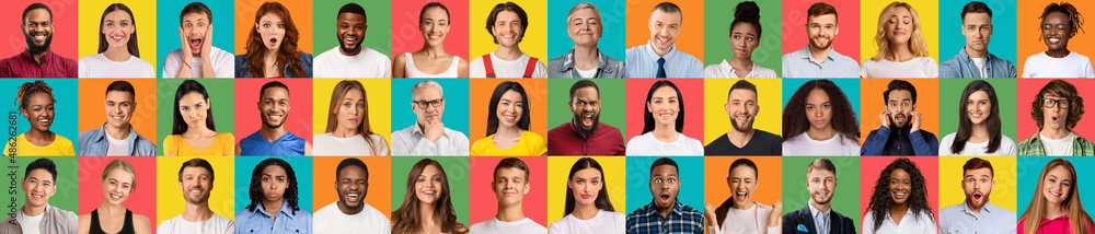 Collage of multiethnic people expressing different emotions, mosaic set, panorama Collage of multiethnic people expressing different emotions, mosaic set, panorama