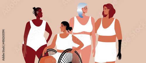 Disabled persons, group of inclusive women together, flat vector stock illustration with deaf person, wheelchair, blind person and person with prosthesis