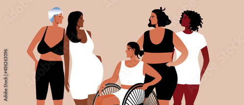 Women of different ages, skin color, Flat vector stock illustration, Old, young people, pregnant person, African woman together