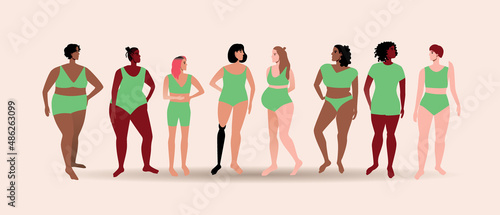 Different women stand, flat vector stock illustration as concept of diversity of appearance, skin color, body features