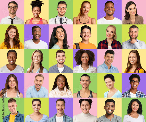 Happy Millennials. Portraits of positive multiethnic men and woman over colorful backgrounds © Prostock-studio