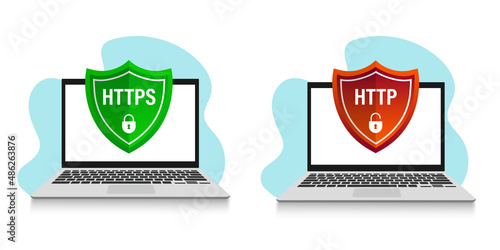 http and https protocols on shield on laptop, on white background. Vector illustration