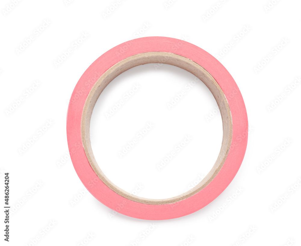 Roll of pink adhesive tape on white background, top view Roll of pink adhesive tape on white background, top view