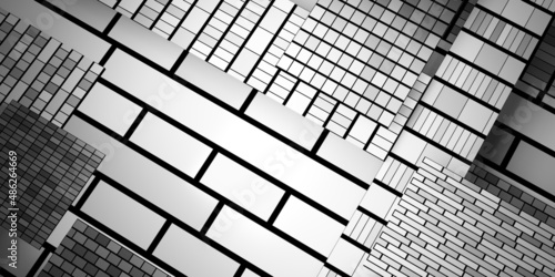 Complex layered abstract background. Brick pattern Black and white straight lines 3d illustration