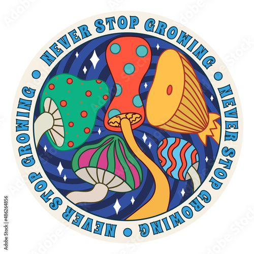 1970 Psychedelic Groovy Neon Mushrooms Sticker, Poster in Round Shape. Retro Style, Crazy, Hippie Aesthetics. Hand-Drawn Vector Illustration on Spiral Dark Background.