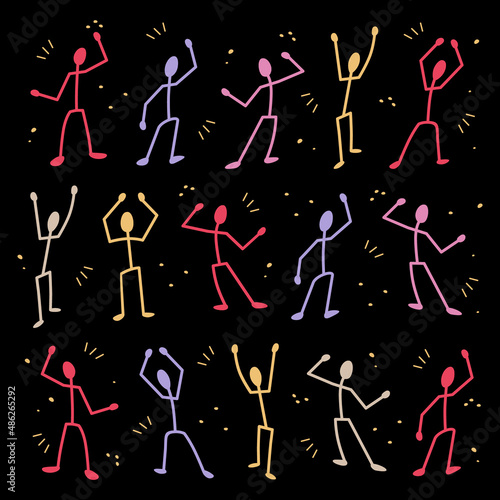 Dancing people. Stylized disco with funny dancing characters on a black background.