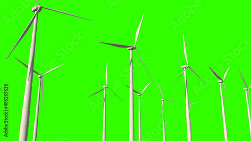 white ecological wind turbine generators on green screen, isolated, fictitious design - industrial 3D rendering © Dancing Man