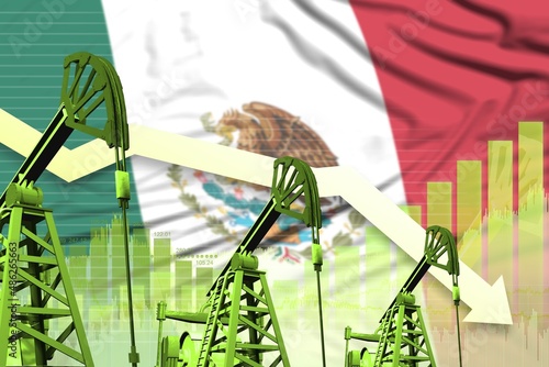 lowering down chart on Mexico flag background - industrial illustration of Mexico oil industry or market concept. 3D Illustration