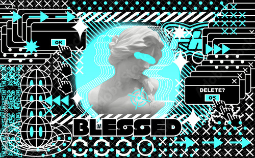 Retrofuturistic statue of a girl with a blue sun. In vaporwave style, with glitch effects, vector surreal illustration