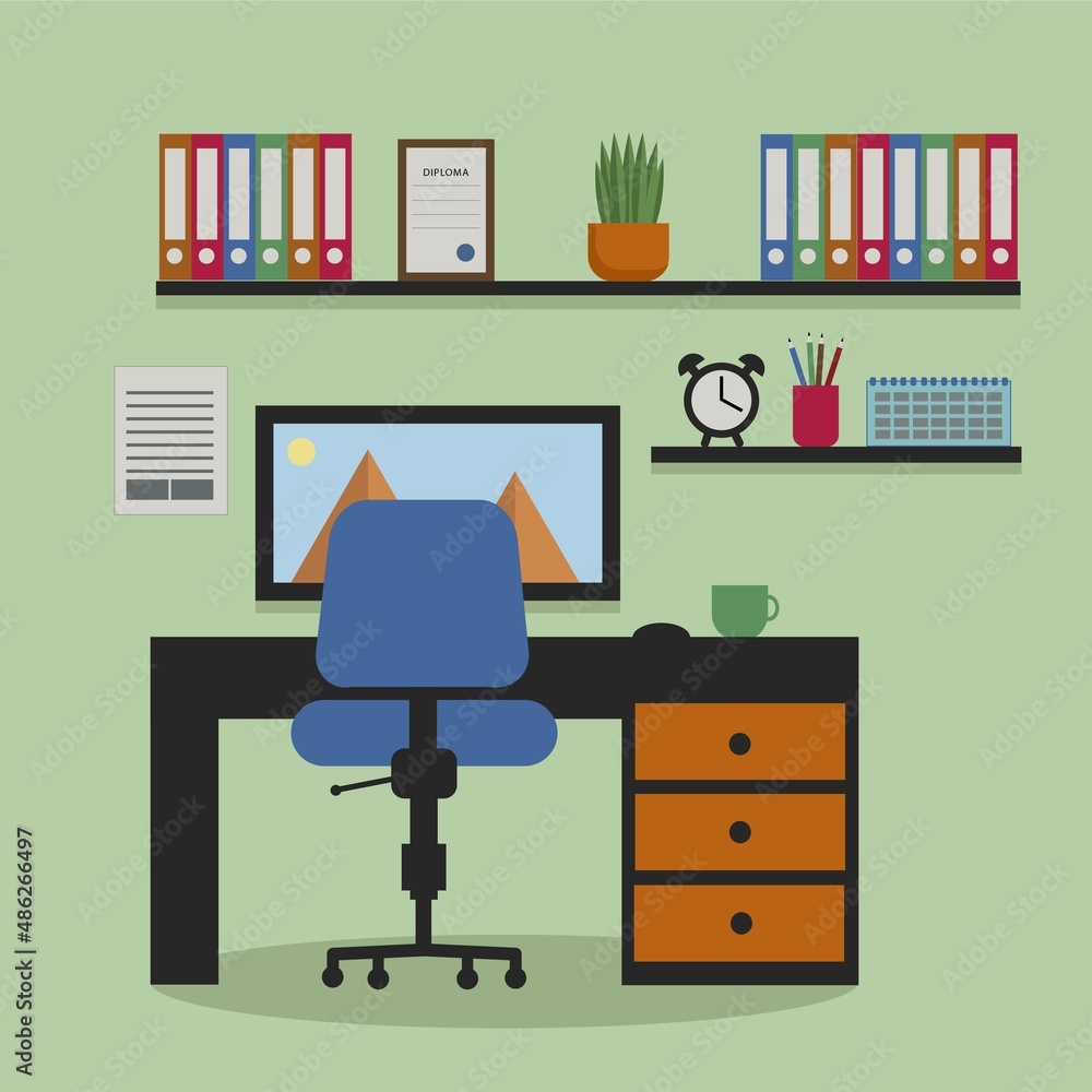 Workplace inrerior, home or office creation set with furniture for tour agency. Flat minimalism design. Workplace inrerior, home or office creation set with furniture for tour agency. Flat minimalism design.