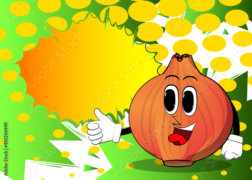 Onion making thumbs up sign. Cartoon Farm Vegetable character. Funny Plant illustration.