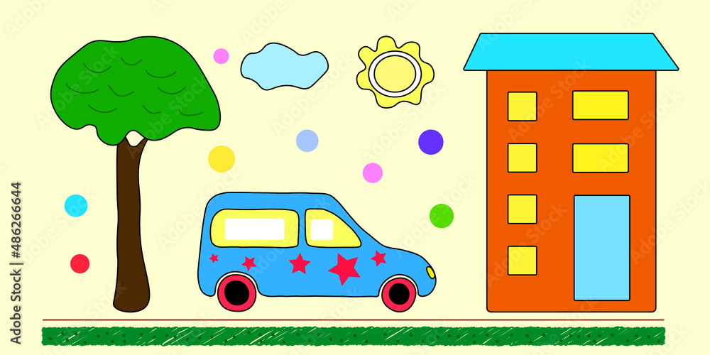 Colorful baby drawing illustration vector, car house and tree