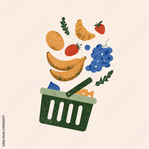 Shopping basket with various groceries. Vintage style textured illustration. 