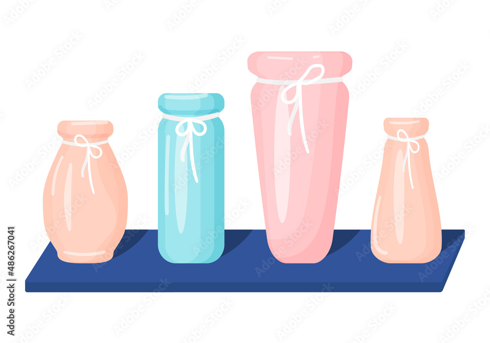 Set of modern flower vases on a shelf. Vector illustration. Cartoon style. Interior Design Set of modern flower vases on a shelf. Vector illustration. Cartoon style. Interior Design