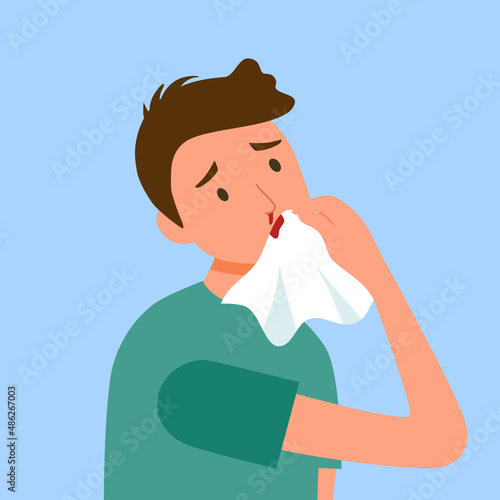 Young sick man with a nosebleed in flat design.