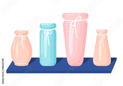 Set of modern flower vases on a shelf. Vector illustration. Cartoon style. Interior Design
