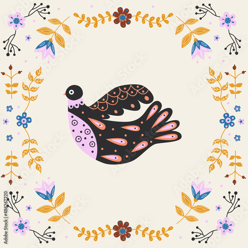 Vector frame with bird, flowers and leaves with different folk compositions. Motif in scandinavan style. Ethnic flat illustration with nordic detailed in trendy colors