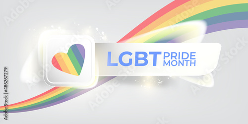 Happy pride month horizontal banner with pride colors striped heart isolated on grey background. LGBT Pride month or pride day poster, flyer, invitation party card modern style design template.