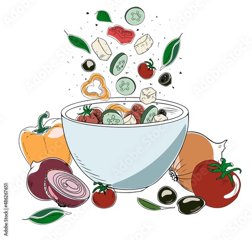 Colorful hand-drawn illustration of greek salad recipe isolated on white background