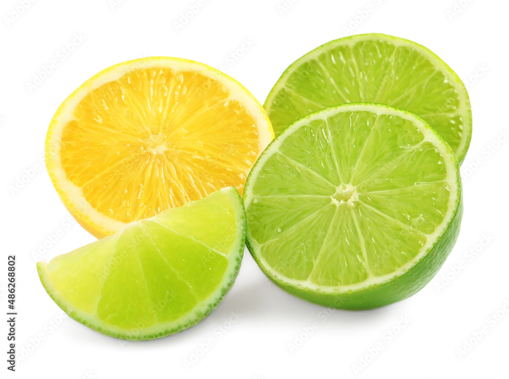 Cut fresh ripe lemon and lime on white background Cut fresh ripe lemon and lime on white background