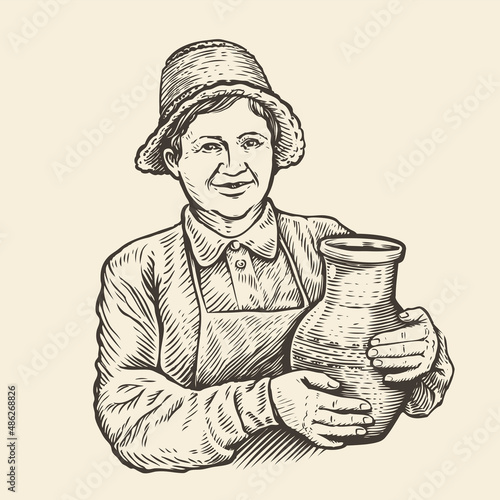 Happy elderly woman with jug of milk. Hand drawn sketch vintage vector illustration photo
