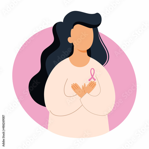 Woman holds hands on chest. Breast Cancer Awareness Day. Health problems. Vector illustration on topic of medicine. Symptom of disease. photo
