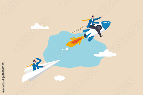 Leadership to win business competition, winner or competitive advantage to success in work, innovation and motivation concept, businessman riding fast rocket to win against other origami airplane. photo