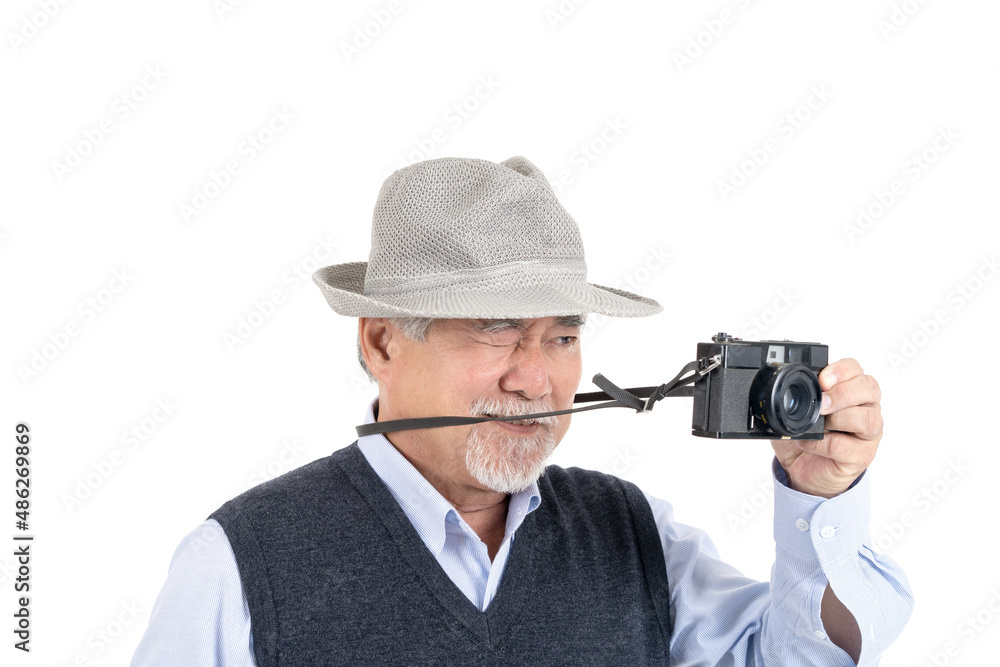 Happy asian elderly old man hobby photographer travel portrait copy space for your advertisement or promotional text on isolated white background, People lifestyle concept. Happy asian elderly old man hobby photographer travel portrait copy space for your advertisement or promotional text on isolated white background, People lifestyle concept.