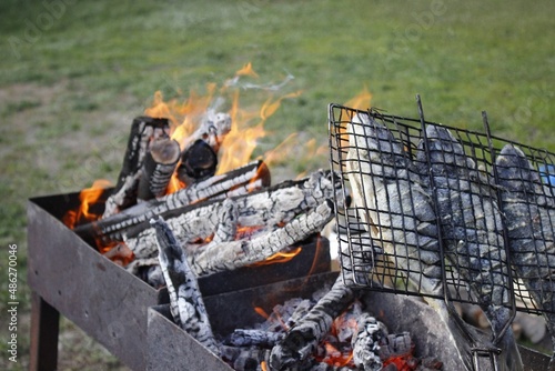 Sea bream cooking on a hot grill with flame