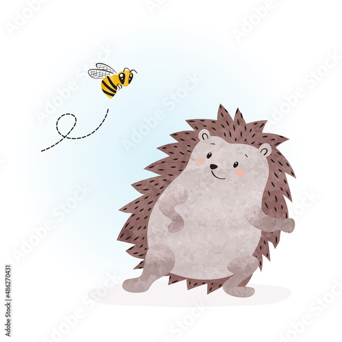 Cute watercolor baby hedgehog and bee. Vector children illustration.