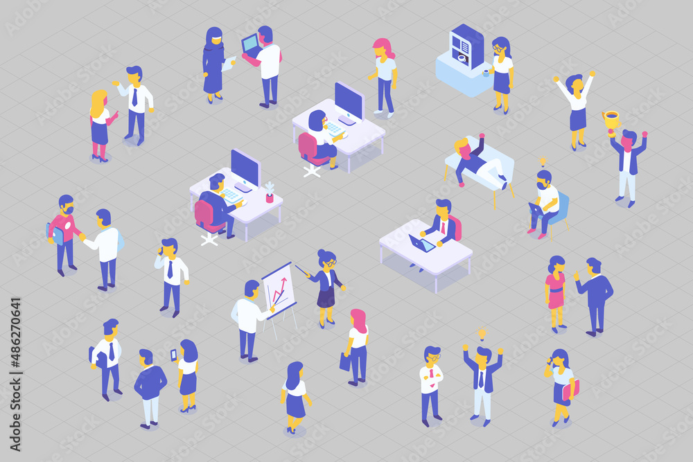 Cartoon Business People Characters in Coworking Place. Businessman and Businesswoman Working, Discussing and Meeting in Open Space Office. Flat Isometric Vector Illustration. Cartoon Business People Characters in Coworking Place. Businessman and Businesswoman Working, Discussing and Meeting in Open Space Office. Flat Isometric Vector Illustration.