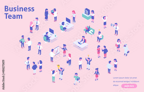 Cartoon Business People Characters in Coworking Place. Businessman and Businesswoman Working  Discussing and Meeting in Open Space Office. Flat Isometric Vector Illustration.