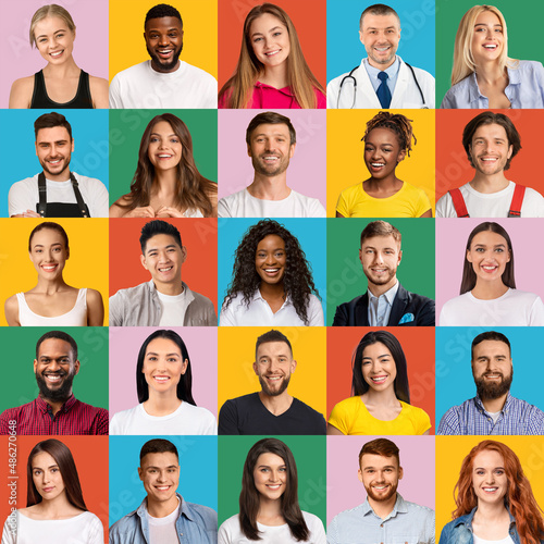 Collage of multiple smiling human faces over bright backgrounds © Prostock-studio