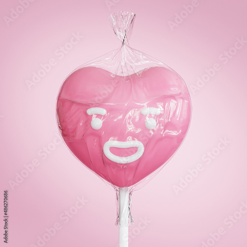 Heart shaped candy lollipop with funny face, Valentines day advertising, 3d render