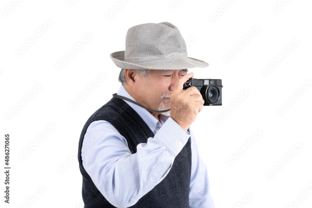 Happy asian elderly old man hobby photographer travel portrait copy space for your advertisement or promotional text on isolated white background, People lifestyle concept. Happy asian elderly old man hobby photographer travel portrait copy space for your advertisement or promotional text on isolated white background, People lifestyle concept.