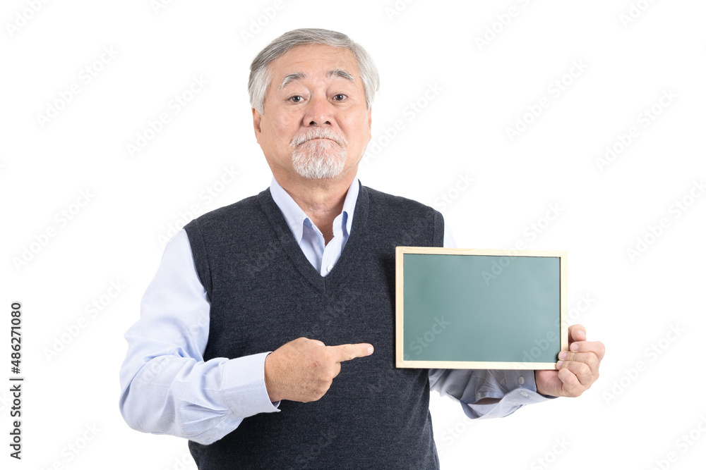 Portrait of happiness asian senior old man showing board and pointing copy space for your advertisement or promotional text on white background. Portrait of happiness asian senior old man showing board and pointing copy space for your advertisement or promotional text on white background.