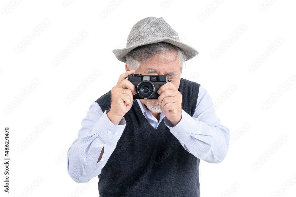 Happy asian elderly old man hobby photographer travel portrait copy space for your advertisement or promotional text on isolated white background, People lifestyle concept. Happy asian elderly old man hobby photographer travel portrait copy space for your advertisement or promotional text on isolated white background, People lifestyle concept.
