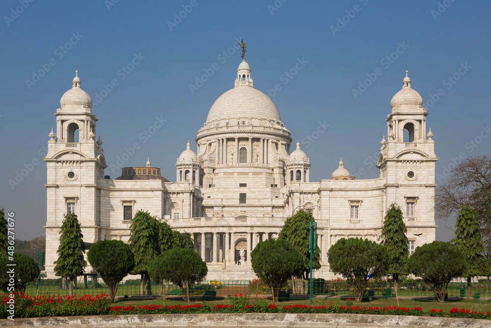 Queen Victoria Memorial, surrounded by trees, in the city of Kolkata, close-up