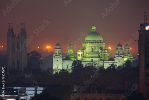 Photography Illuminated memorial of Queen Victoria, in the city of Kolkata at night, close-u