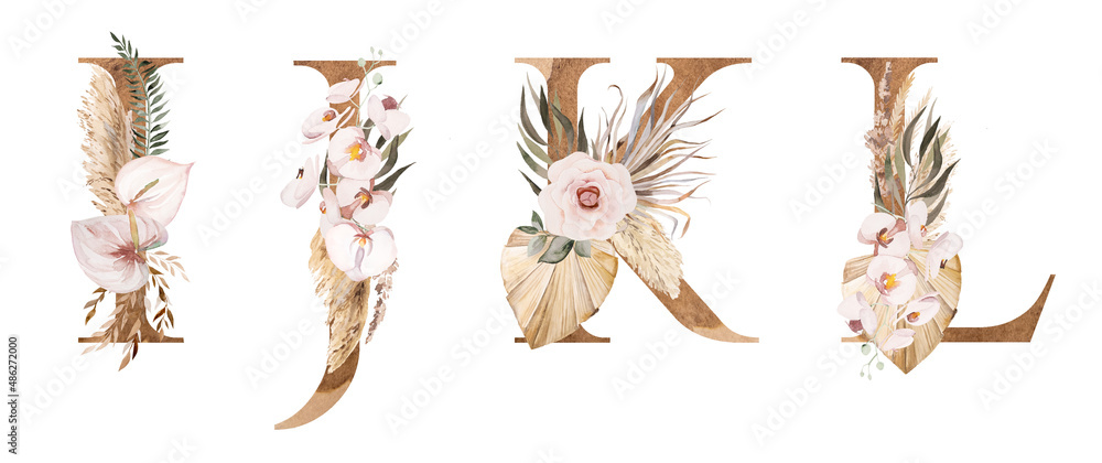 Watercolor letters decorarated with dried leaves and tropical flowers, Bohemian alphabet illustration