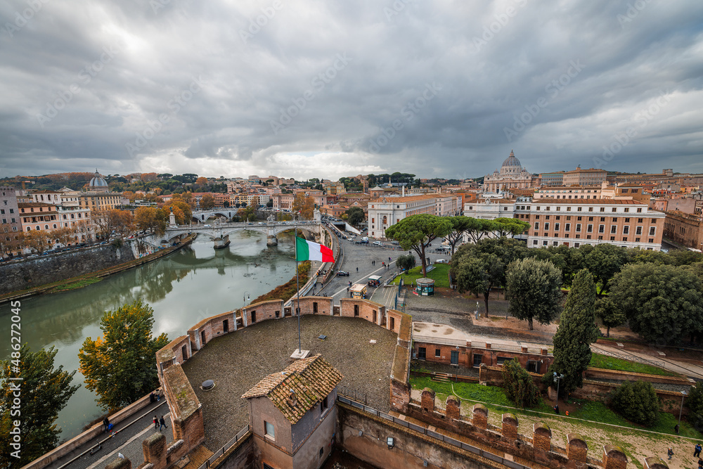 Aerial view of Rome during a cloudy day as seen from the top of Castel Sant'Angelo (Rome, Italy)