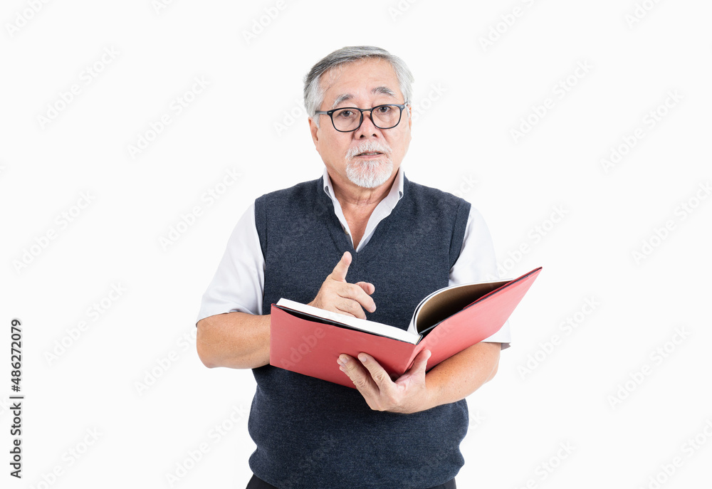 old man wearing eyeglasses look at camera thinking and reading book with copy space for your promotional or text isolated on white background, People lifestyle concept. old man wearing eyeglasses look at camera thinking and reading book with copy space for your promotional or text isolated on white background, People lifestyle concept.