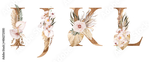 Watercolor letters decorarated with dried leaves and tropical flowers, Bohemian alphabet illustration