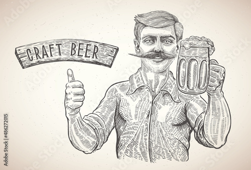 Man with a beer mug in one hand, and a gesture indicating that the beer is of very high quality. 
